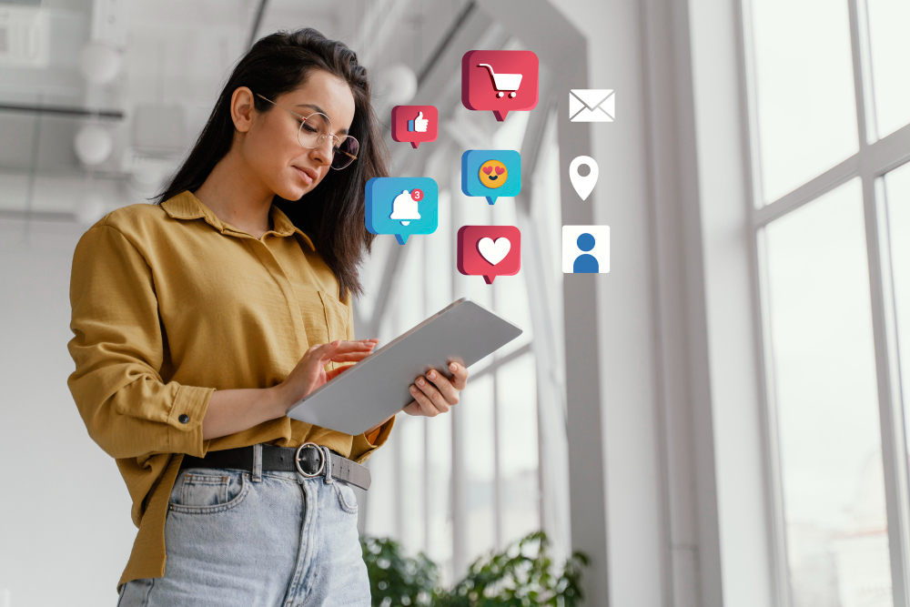 Publicitária analisando o tráfego e sucesso de sua empresa no marketing em web stories.